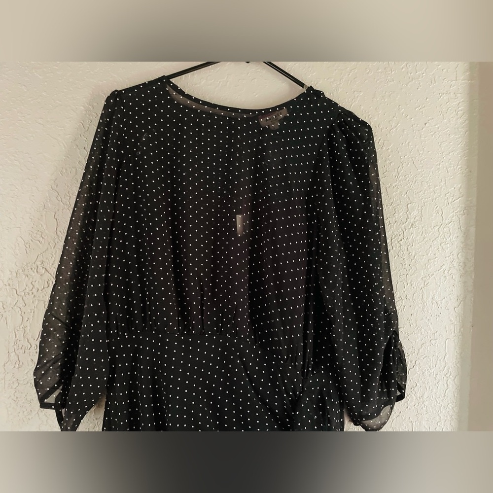 Black Polka Dot Midi Dress - Elegant Gathered Side Detail - Picture 5 of 7